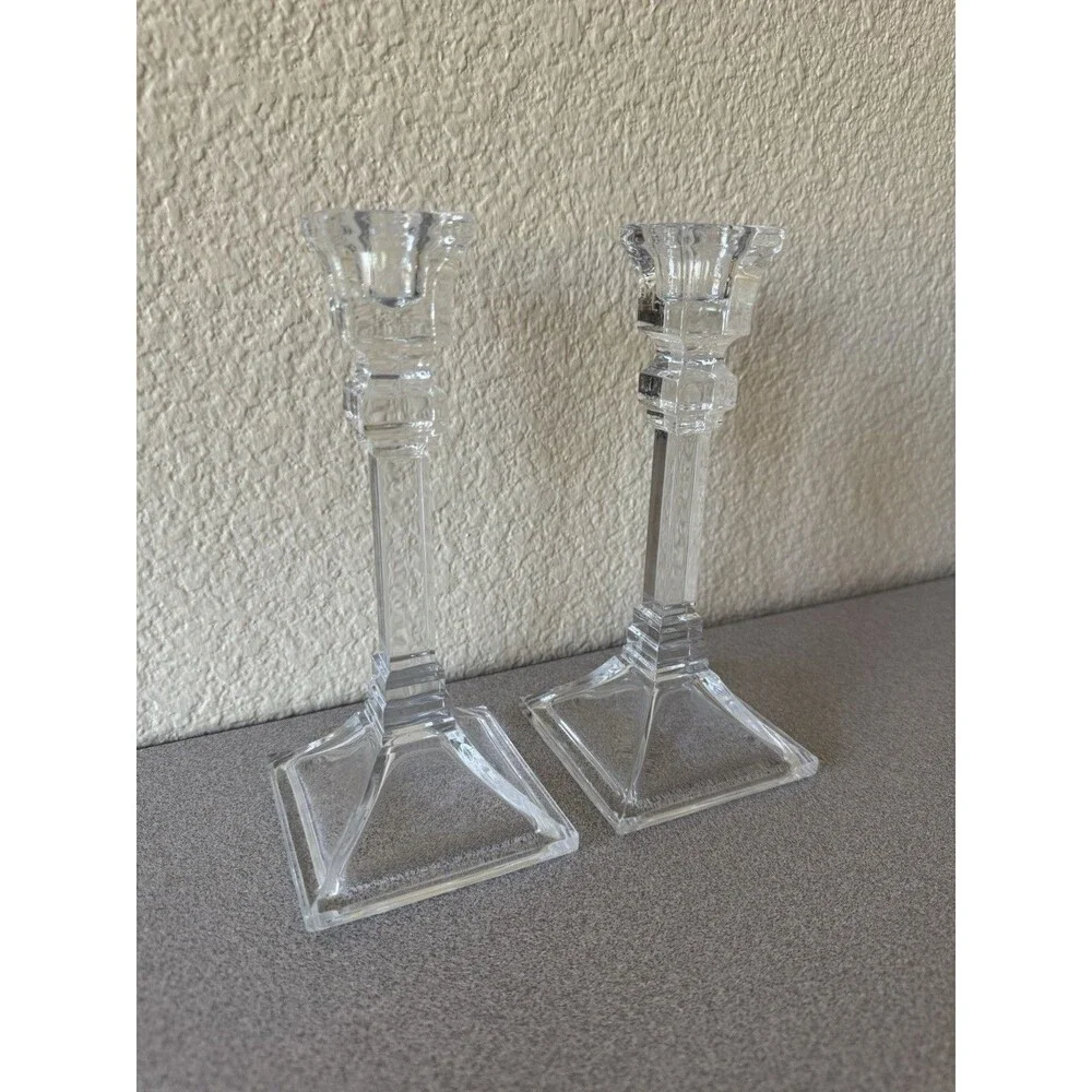 Pair Clear Glass Candlestick Holders 8” Tall Square Base Geometric Design